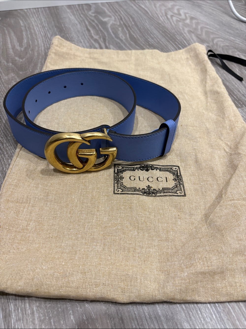 Gucci Sky Blue Leather Belt with Gold Double G Buckle